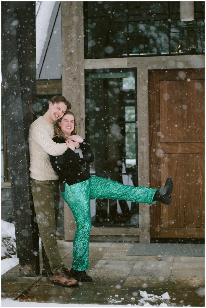 bride and groom to be engagement portrait fun during a blizzard in Tahoe