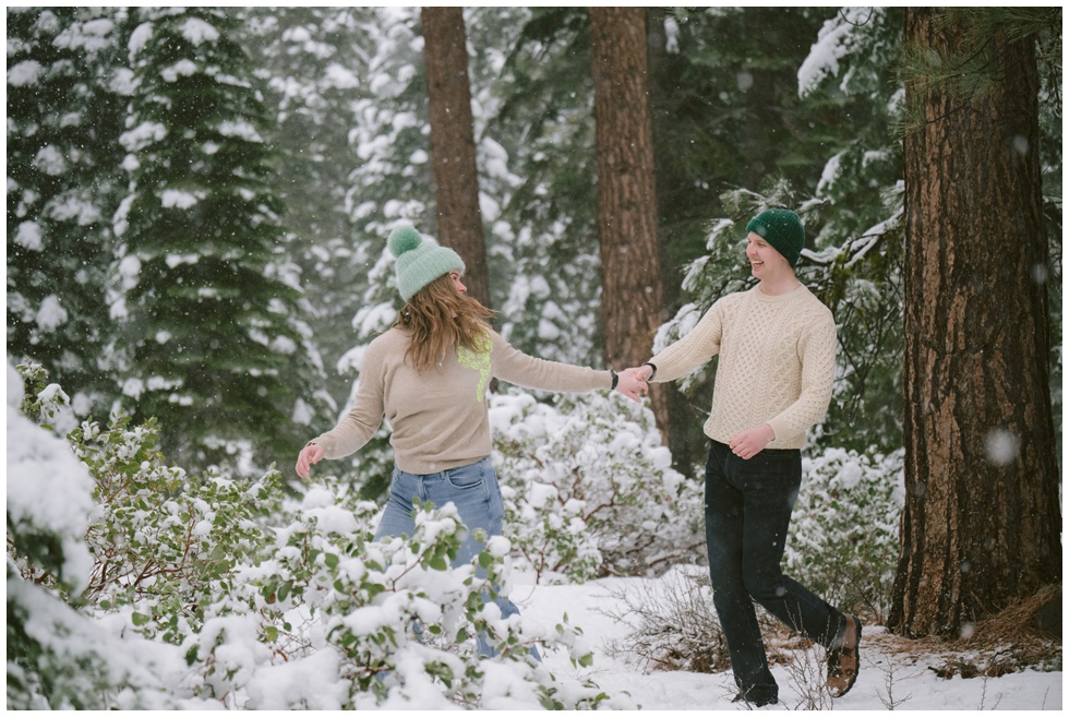 Lake Tahoe proposal photographer captured newly engaged couple through a snowstorm in Truckee