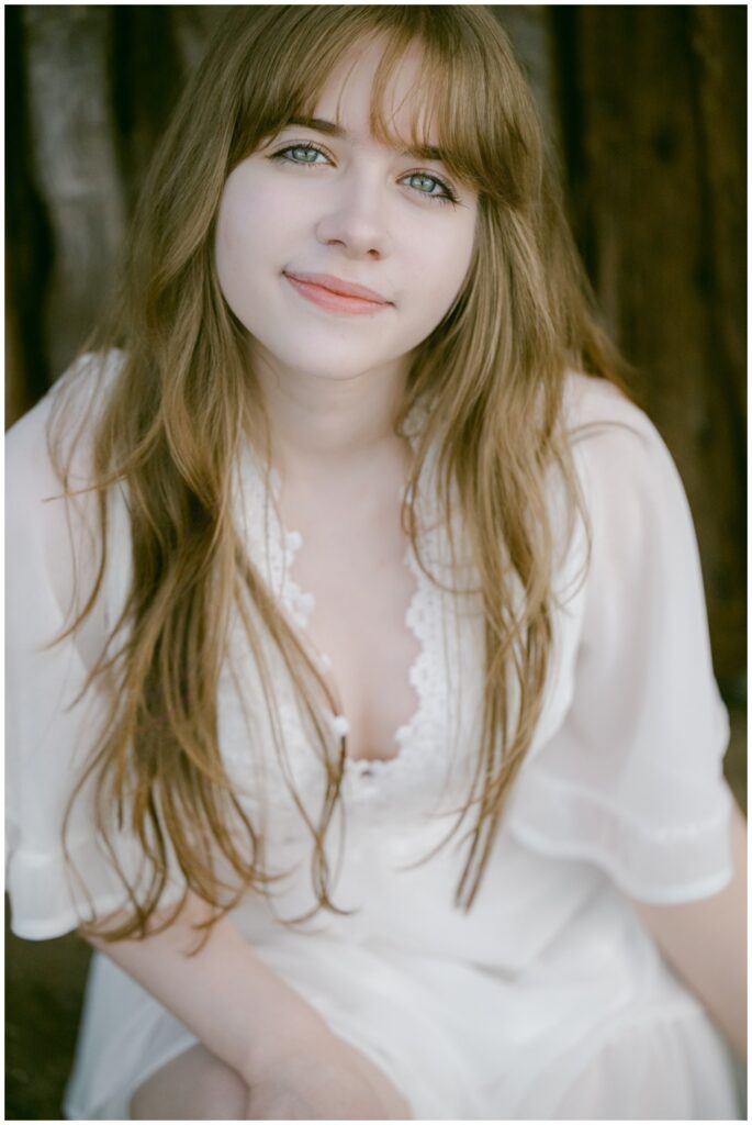 Senior portrait in white dress at Valhalla, South Lake Tahoe