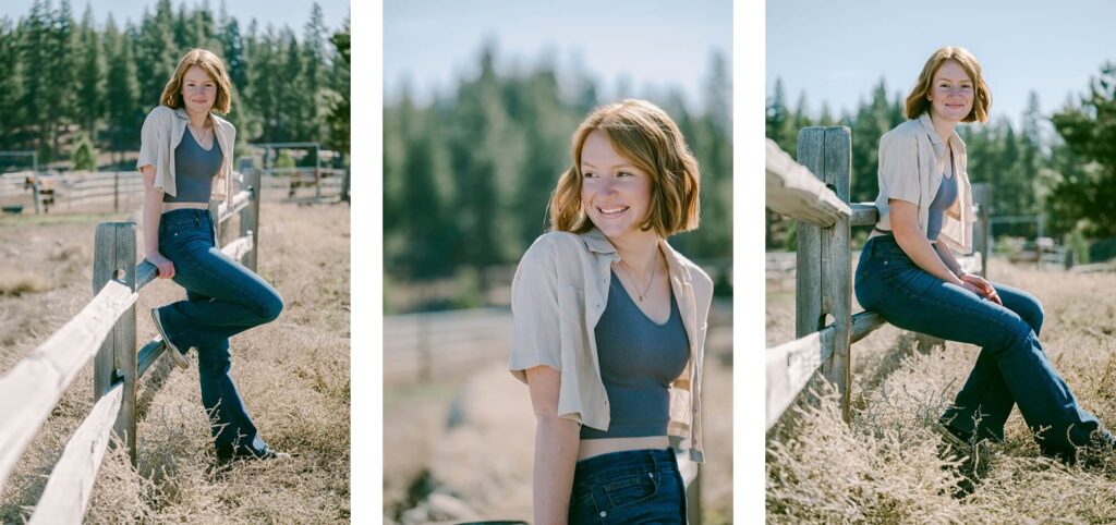 Senior girl in jeans and white shirt leaning on fence in 3 different poses