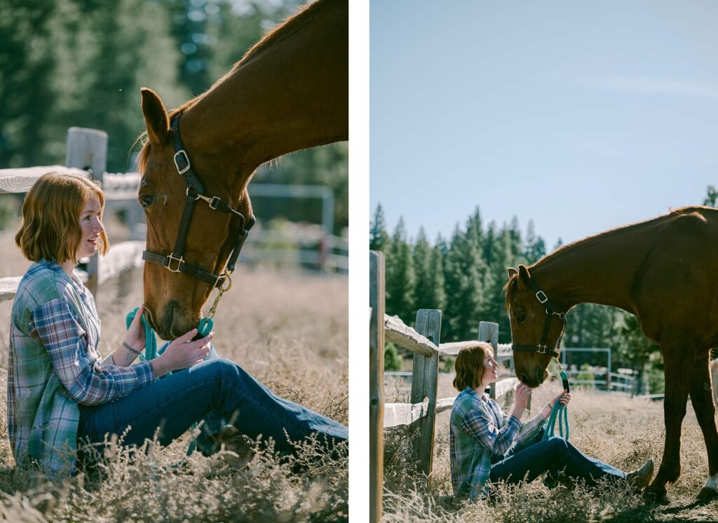 senior girl from Truckee High school sitting on ground with horse coming close to her and a close up on horse head