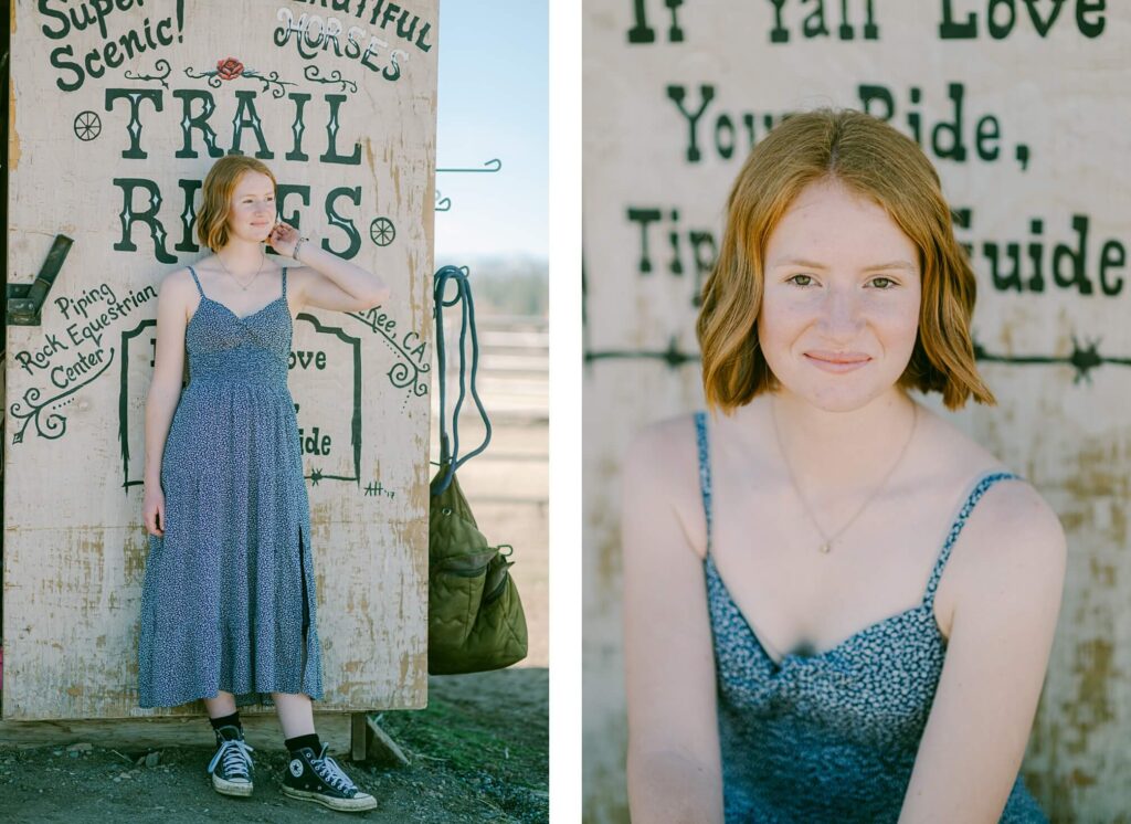 Senior girl in a flower navy dress at piping rock in truckee