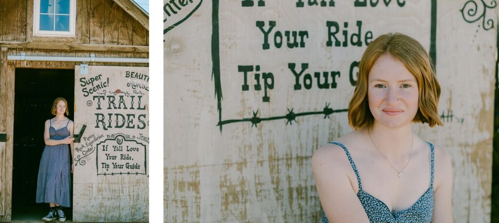 senior girl with red hair bob in long flower dress during senior portrait session