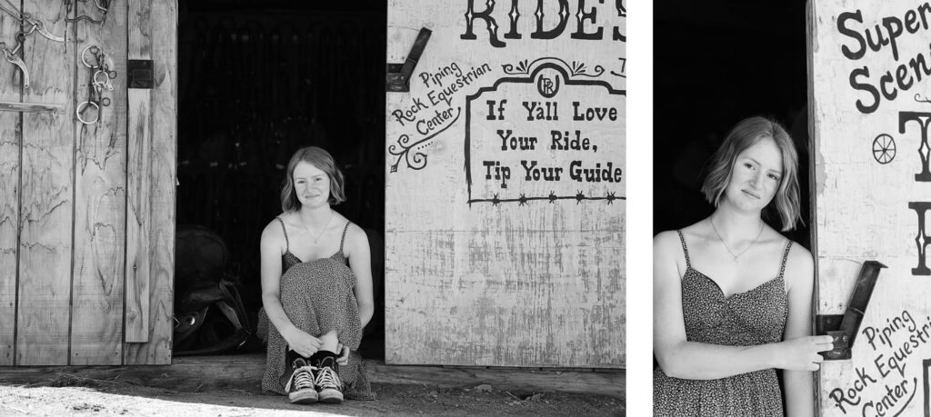 black and white image of senior girl sitting in tour barn at piping rock in truckee