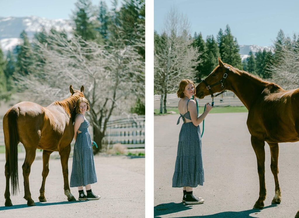 Senior girl in a flower navy dress at piping rock in truckee with her horse